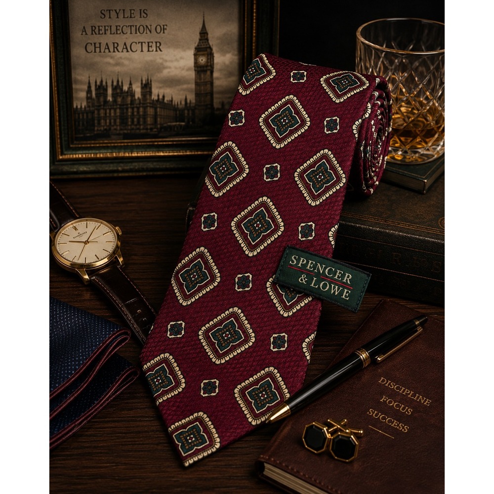 Spencer & Lowe Burgundy Geometric Medallion Necktie Imported Silk Classic Tie